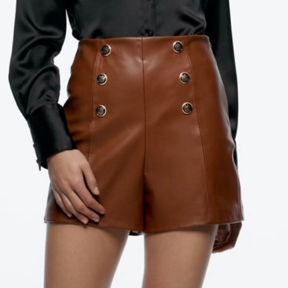 Zara Pants - Gorgeous Zara Faux Leather Shorts with Button details. XS. “Whisky” brown color